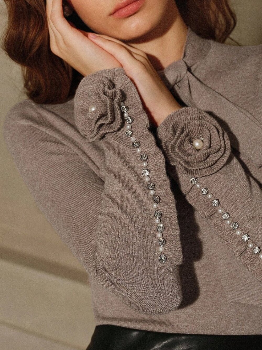 Casual Women's 3D Rose Button Rib-Knit Stand Collar Long Sleeve Basic Top - Picture 8 of 9